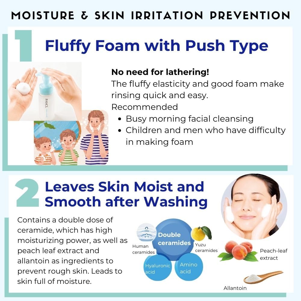FANCL Pure Moist Cleansing Foam – Japanese Facial Cleanser, Face Wash, Luxurious Foaming Lather, Hydrating, additive-free, Women/Men/Kids, All Skin Types